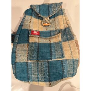 Taaluma Totes Traveler Edition Woven‎ Plaid Backpack Blue Cream Rucksack Bag